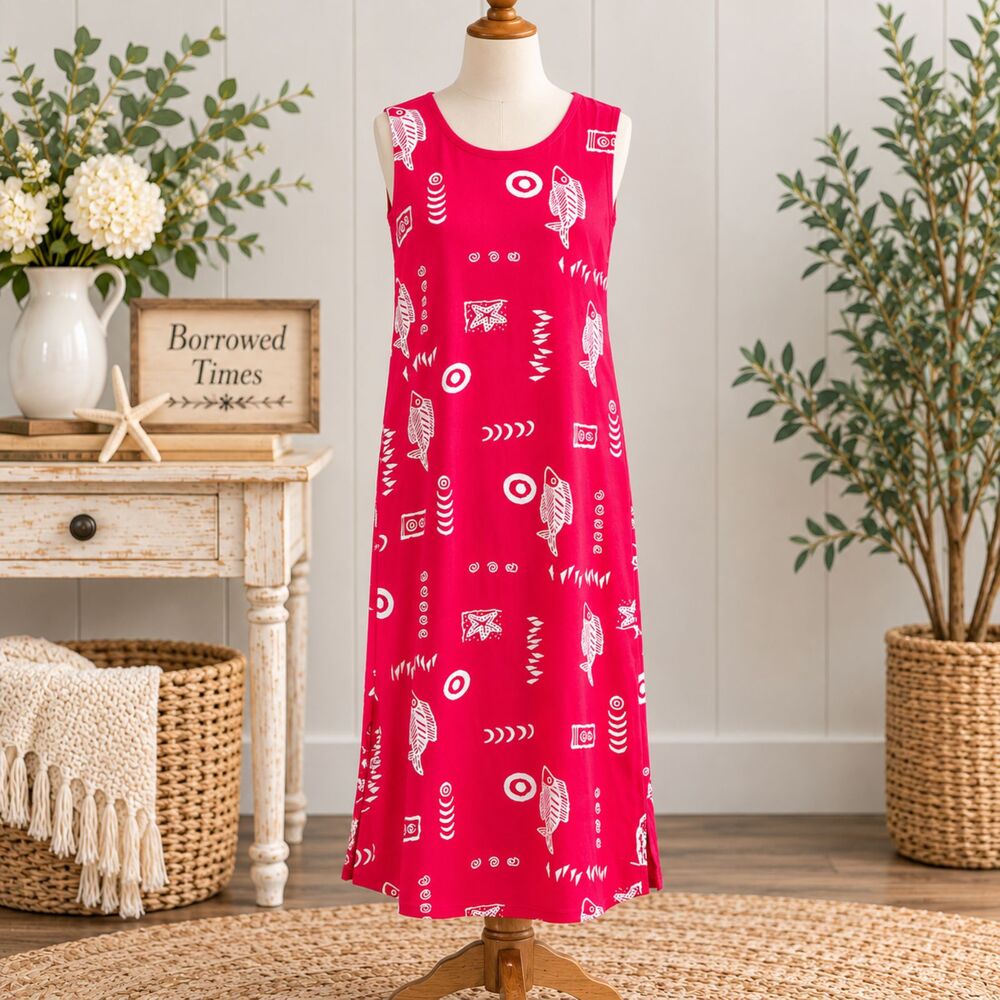 Exist Pink Fish Print Knit Sleeveless Dress 2XL Cotton Blend Summer Beach